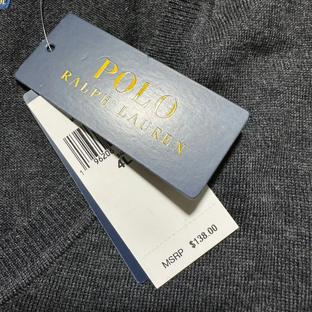 Polo Ralph Lauren Sweater Mens‎ 4XLT Gray 100% Merino Wool Knit V Neck Pony
